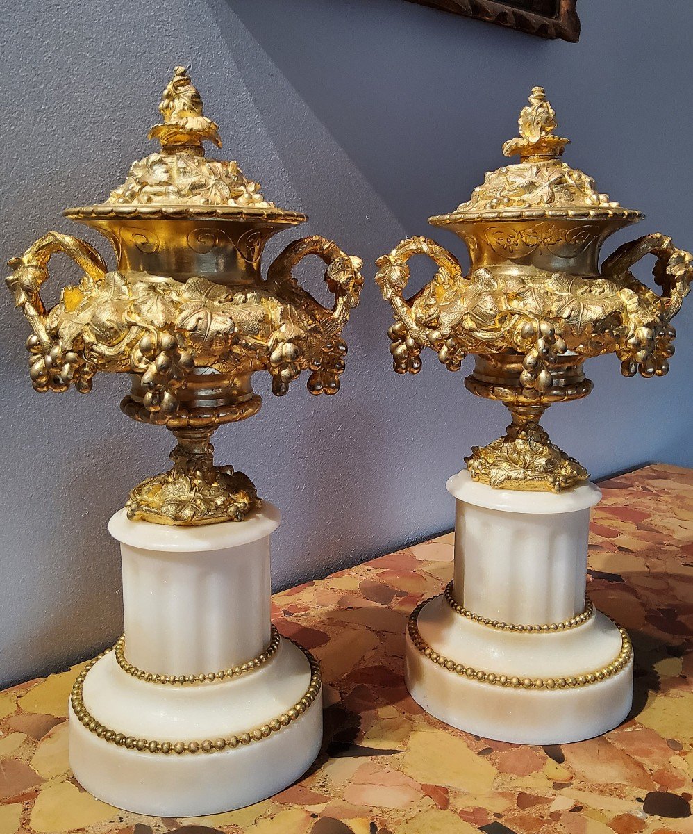 Paire De Vases Cassolettes En Bronzes Ciselés Dorés Aux Pampres Vignes XIXéme-photo-4