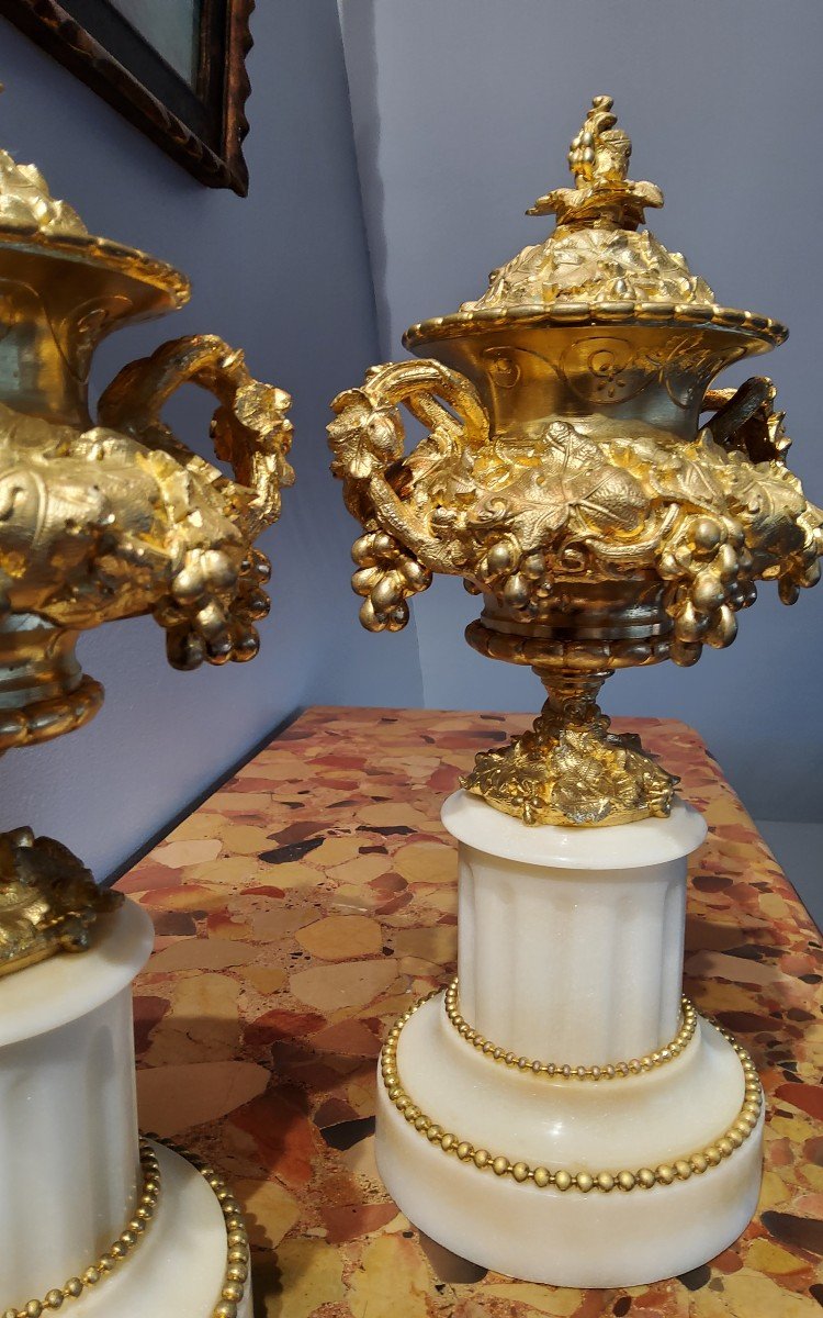 Paire De Vases Cassolettes En Bronzes Ciselés Dorés Aux Pampres Vignes XIXéme-photo-6