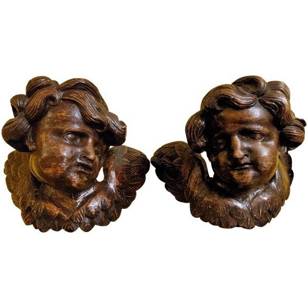 Baroque Cherubs, Wings Outstretched. Fruit Wood, 17th Century. 