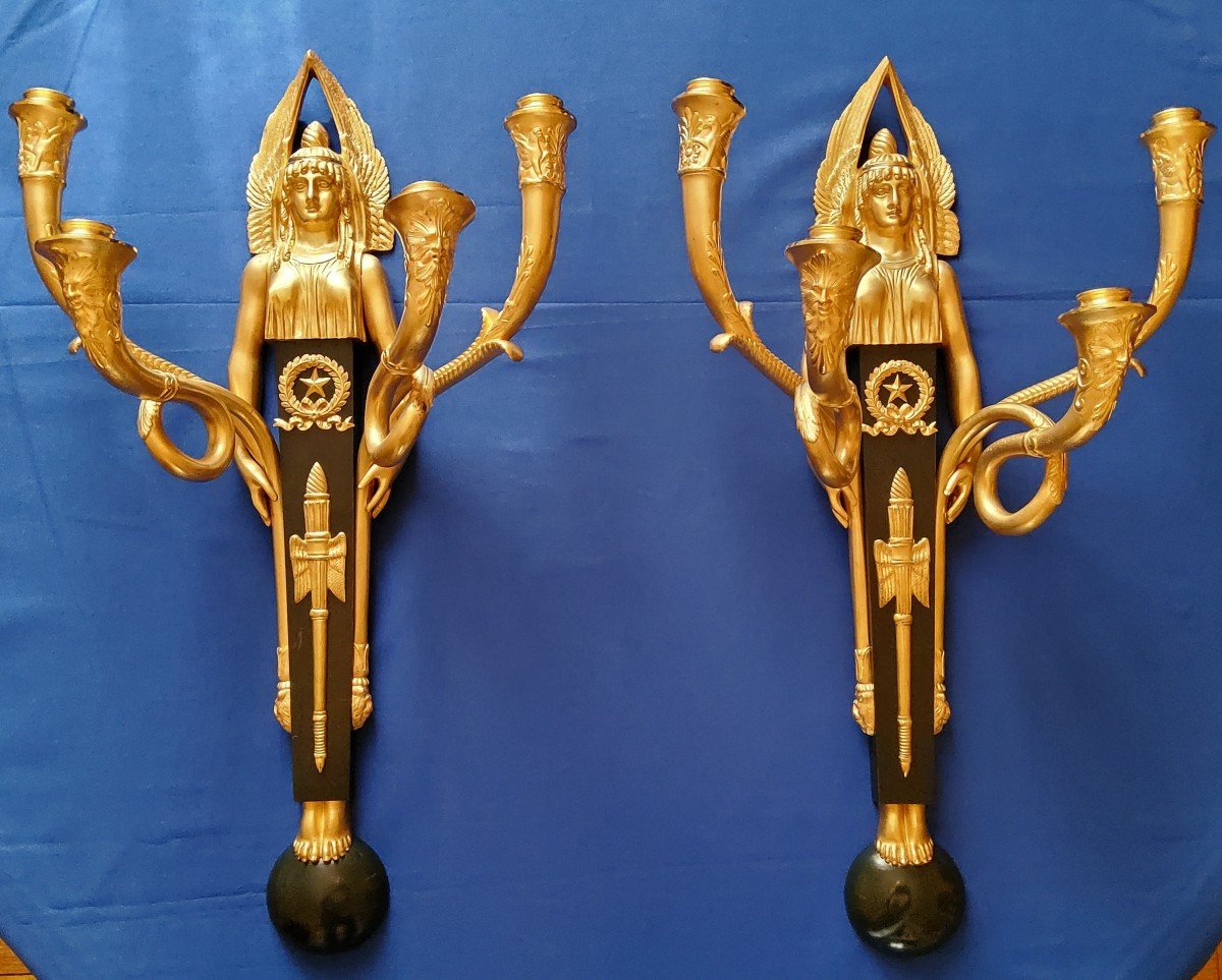 Pair Of Empire Style Wall Lights After Claude Gallé Gilded And Patinated Bronzes. Early 20th Century