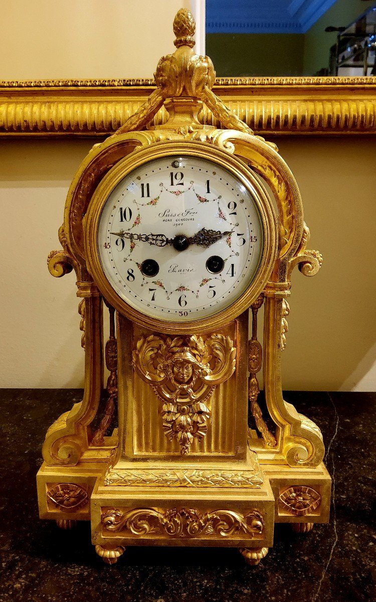 Louis XVI Style Pendulum Clock And Pair Of Candlesticks In Chiseled Gilded Bronzes Susse Fd-photo-3