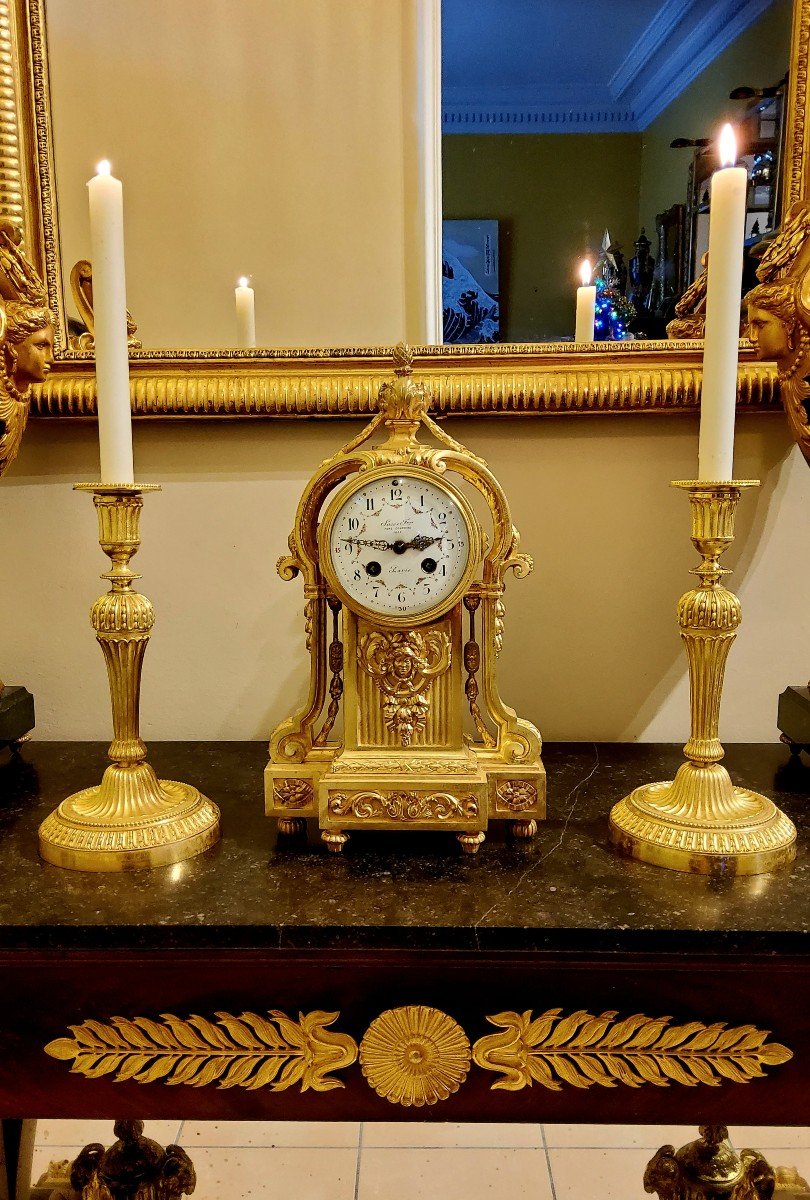 Louis XVI Style Pendulum Clock And Pair Of Candlesticks In Chiseled Gilded Bronzes Susse Fd