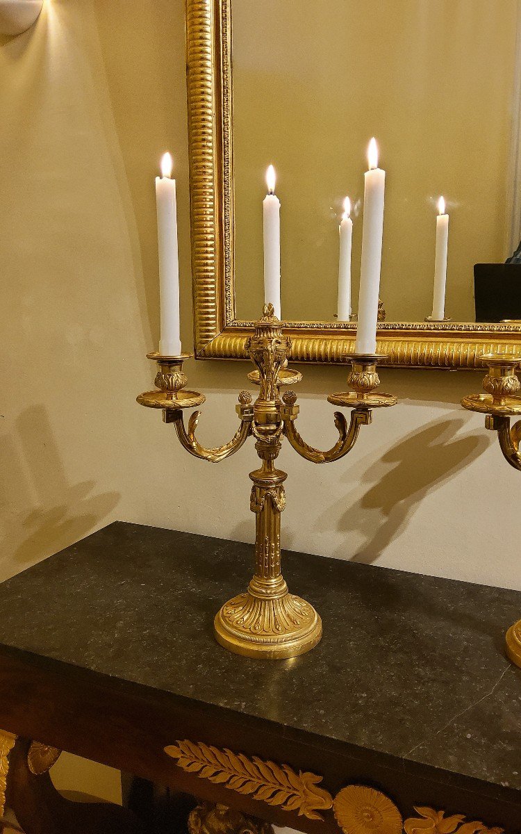 Pair Of Three-light Gilt Bronze Candelabras Louis XVI Delafosse Style Late 19th Century-photo-4