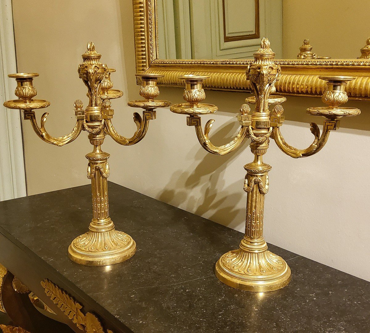 Pair Of Three-light Gilt Bronze Candelabras Louis XVI Delafosse Style Late 19th Century