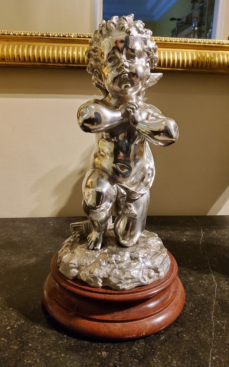 Silvered Bronze Sculpture "cupid" By Louis Kley, 19th Century Marble Base-photo-3