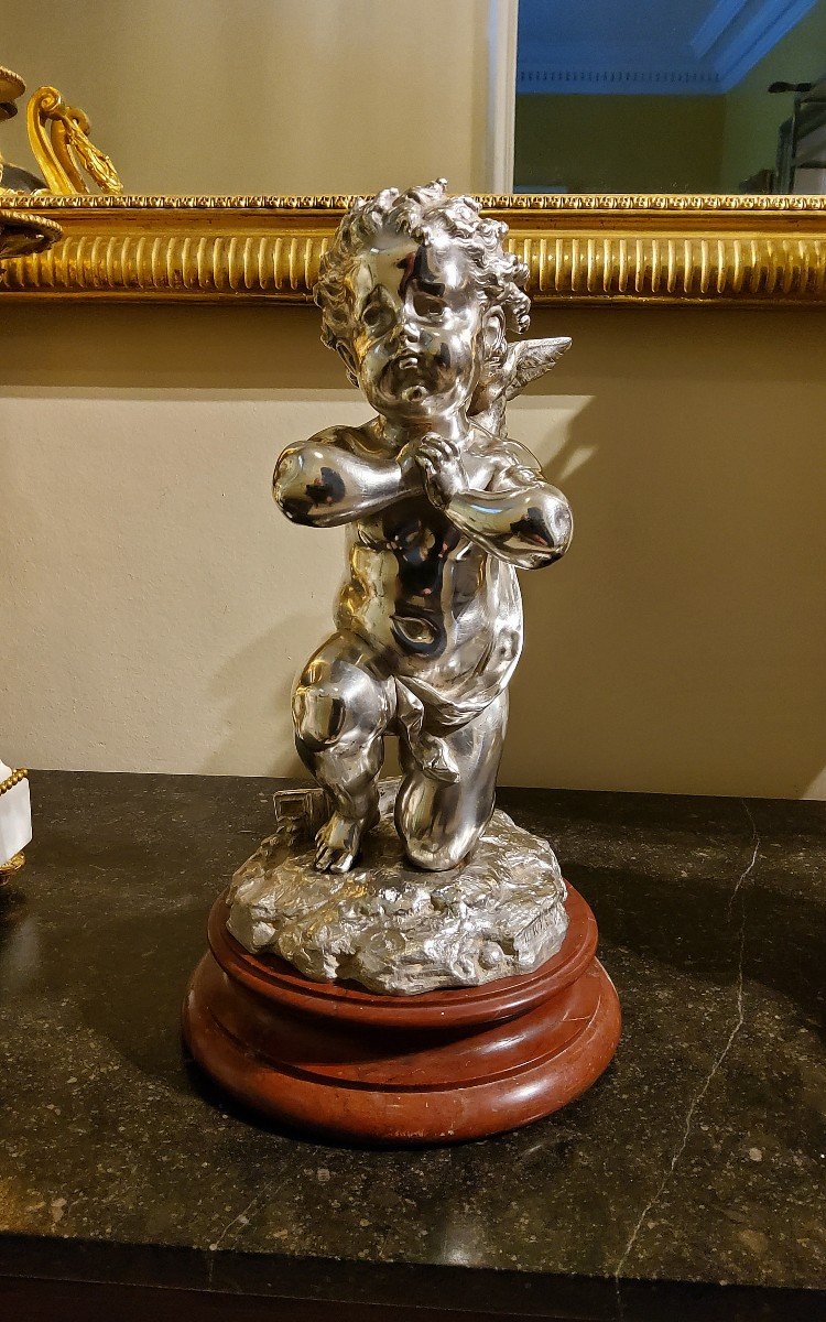 Silvered Bronze Sculpture "cupid" By Louis Kley, 19th Century Marble Base-photo-4