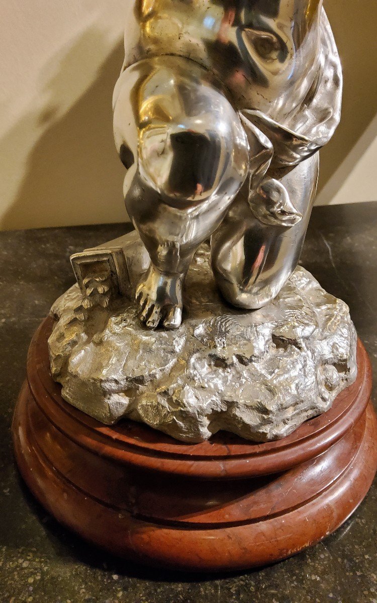 Silvered Bronze Sculpture "cupid" By Louis Kley, 19th Century Marble Base-photo-1