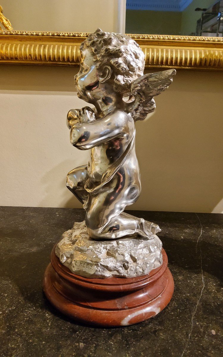 Silvered Bronze Sculpture "cupid" By Louis Kley, 19th Century Marble Base-photo-2