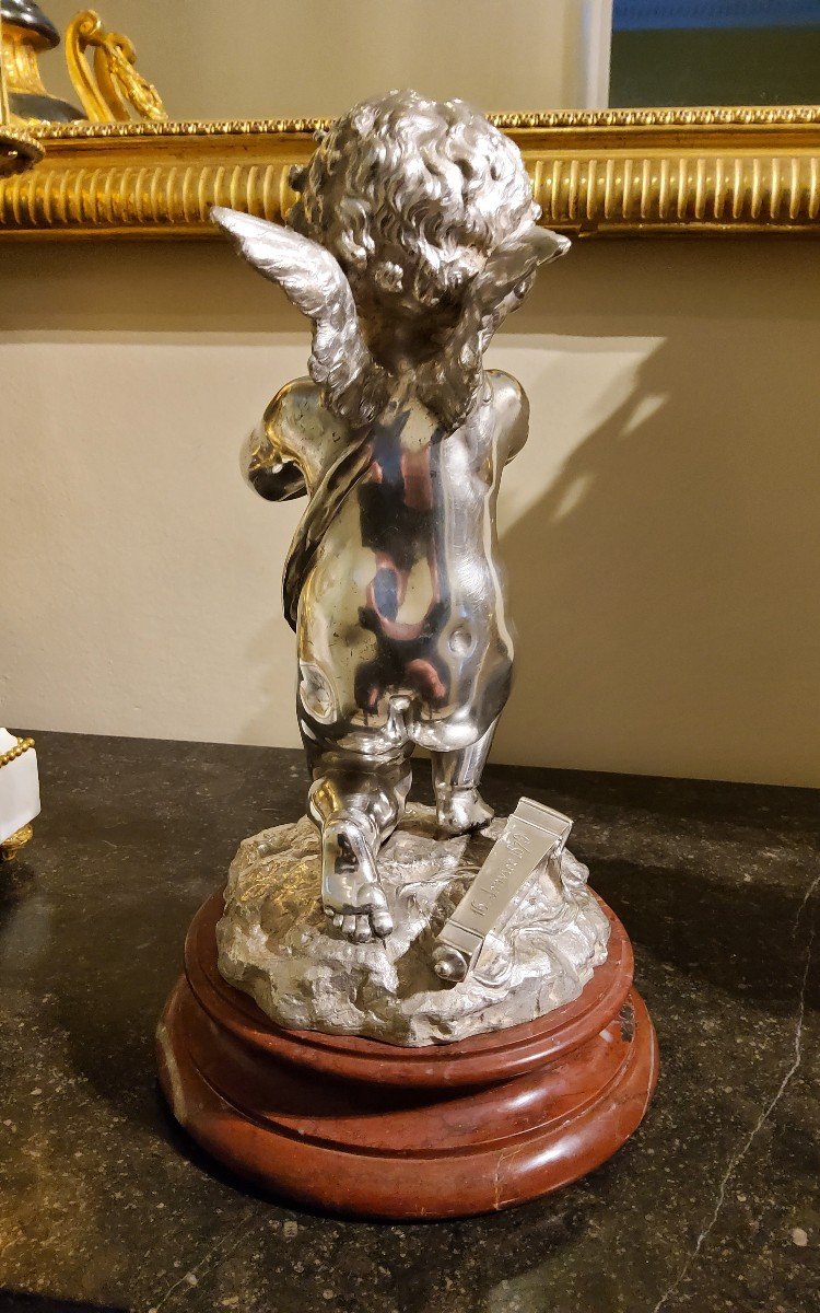 Silvered Bronze Sculpture "cupid" By Louis Kley, 19th Century Marble Base-photo-3