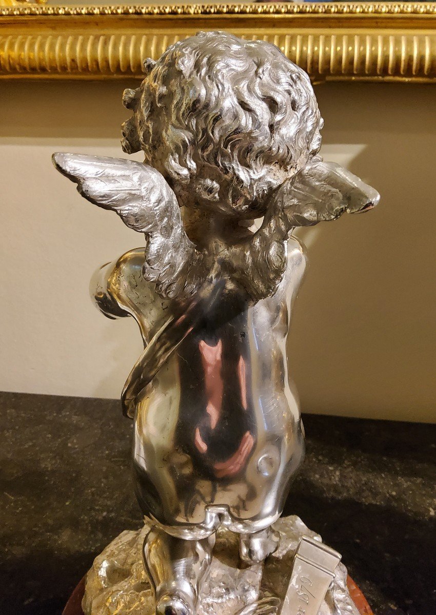 Silvered Bronze Sculpture "cupid" By Louis Kley, 19th Century Marble Base-photo-4