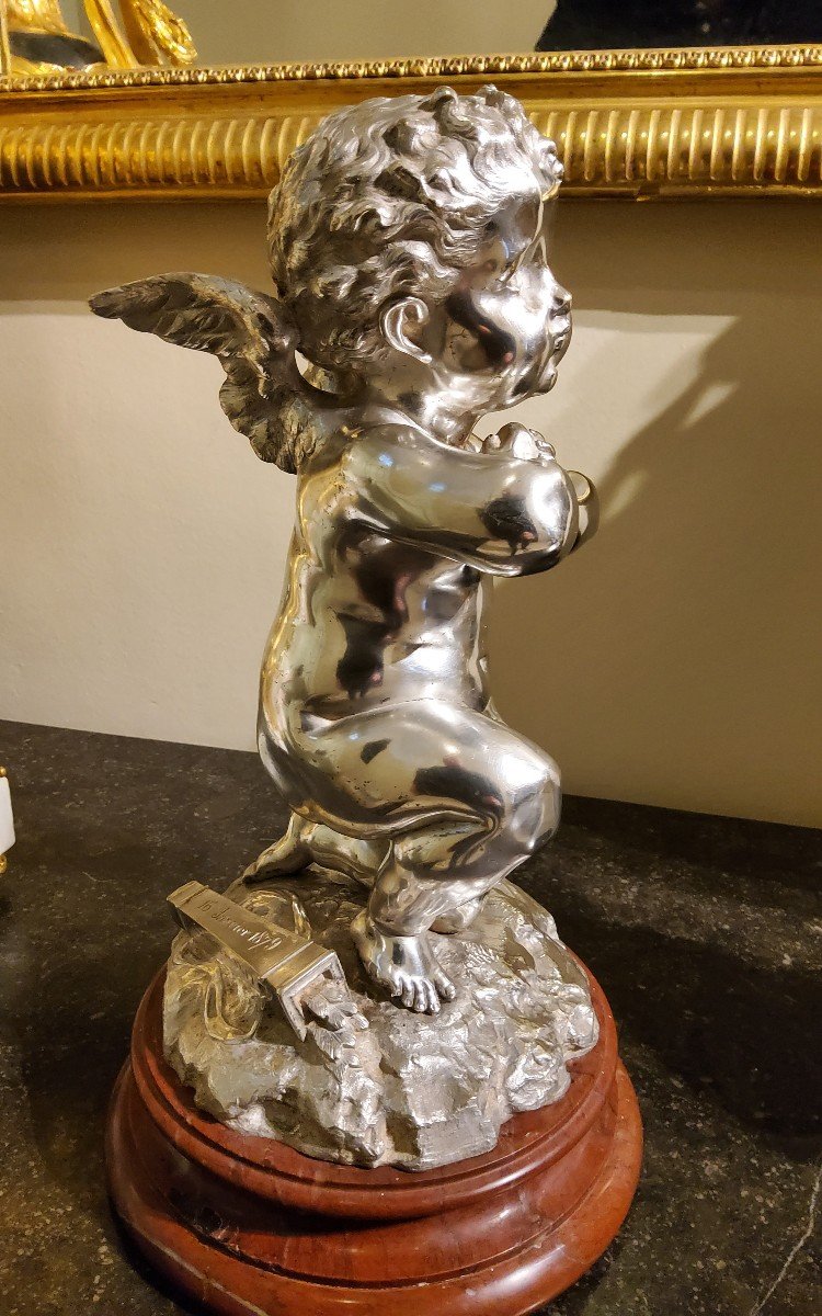 Silvered Bronze Sculpture "cupid" By Louis Kley, 19th Century Marble Base-photo-5