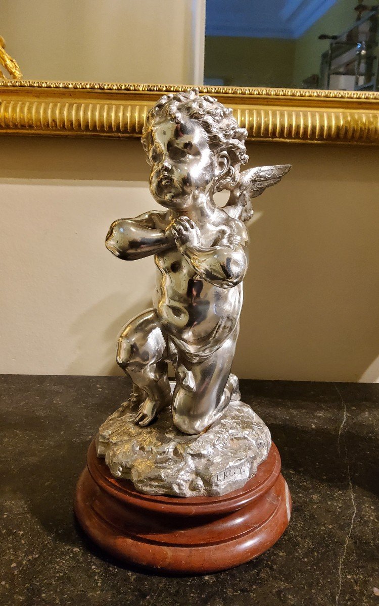 Silvered Bronze Sculpture "cupid" By Louis Kley, 19th Century Marble Base-photo-6