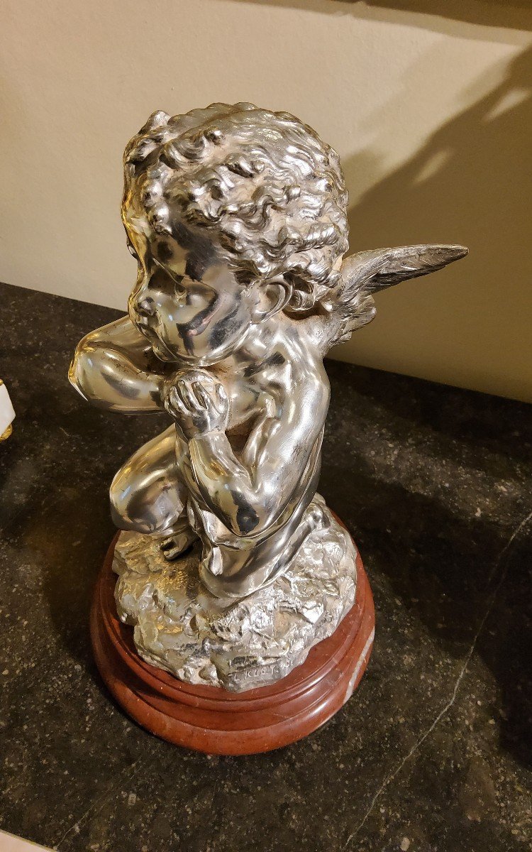 Silvered Bronze Sculpture "cupid" By Louis Kley, 19th Century Marble Base-photo-7