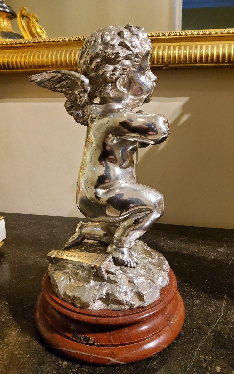 Silvered Bronze Sculpture "cupid" By Louis Kley, 19th Century Marble Base-photo-8