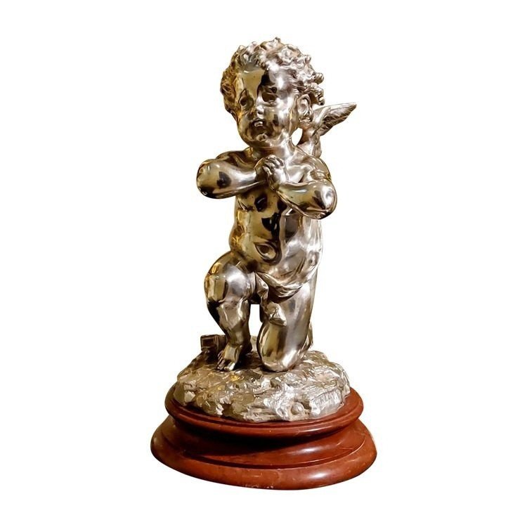 Silvered Bronze Sculpture "cupid" By Louis Kley, 19th Century Marble Base