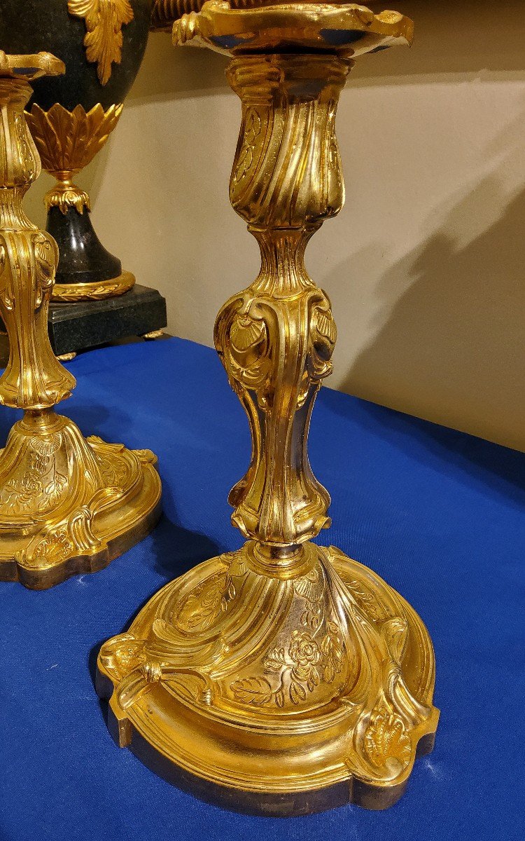 Pair Of Gilded Chiseled Bronze Candlesticks Rocaille Louis XV 19th Century-photo-4