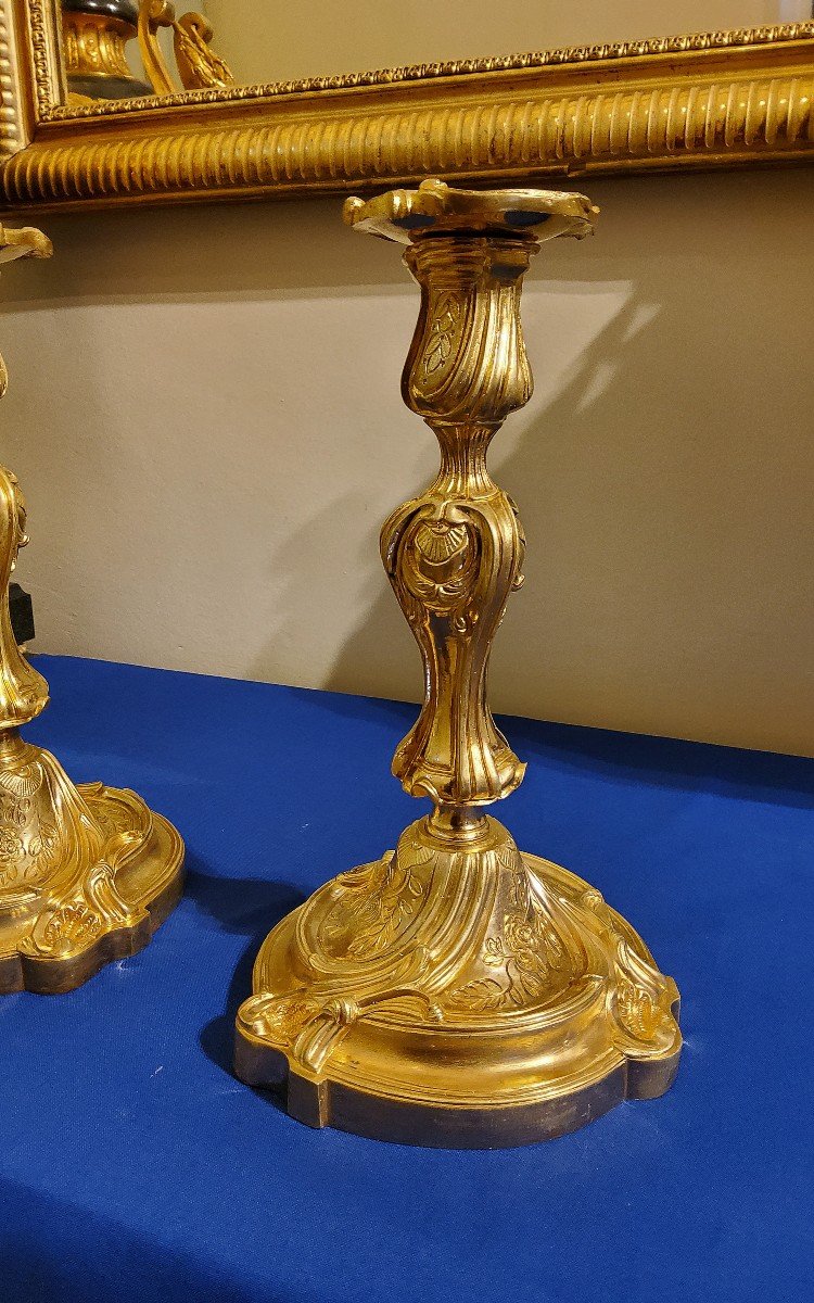 Pair Of Gilded Chiseled Bronze Candlesticks Rocaille Louis XV 19th Century-photo-6