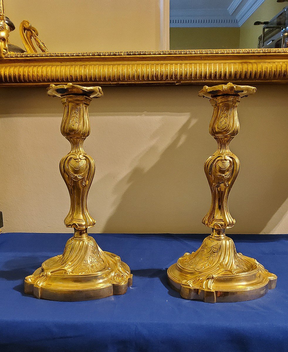 Pair Of Gilded Chiseled Bronze Candlesticks Rocaille Louis XV 19th Century