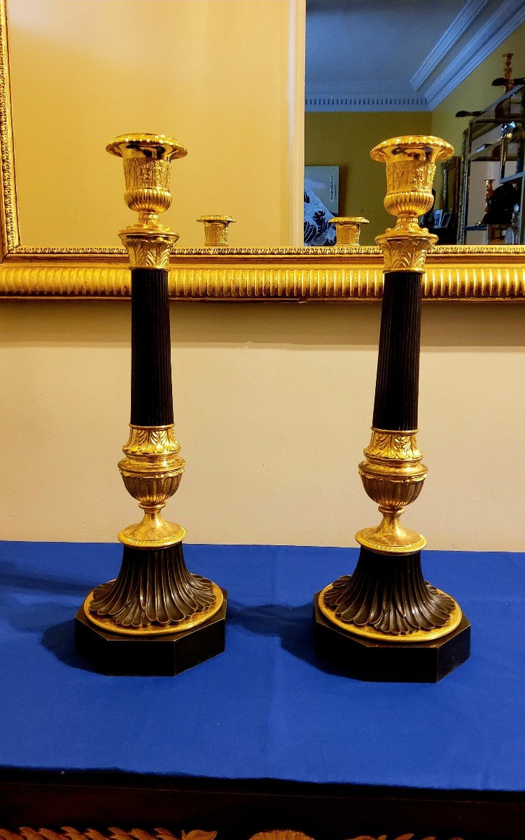 Pair Of Antique Column Candlesticks In Bronze With Double Patina, 19th Century -photo-2