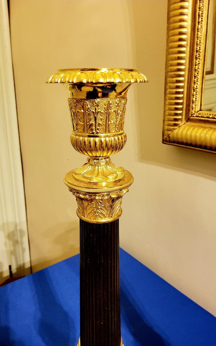 Pair Of Antique Column Candlesticks In Bronze With Double Patina, 19th Century -photo-1