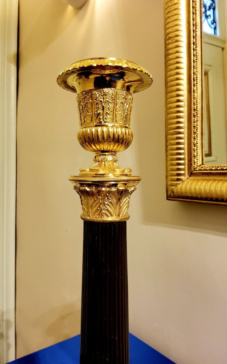 Pair Of Antique Column Candlesticks In Bronze With Double Patina, 19th Century -photo-2