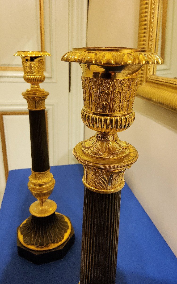 Pair Of Antique Column Candlesticks In Bronze With Double Patina, 19th Century -photo-5