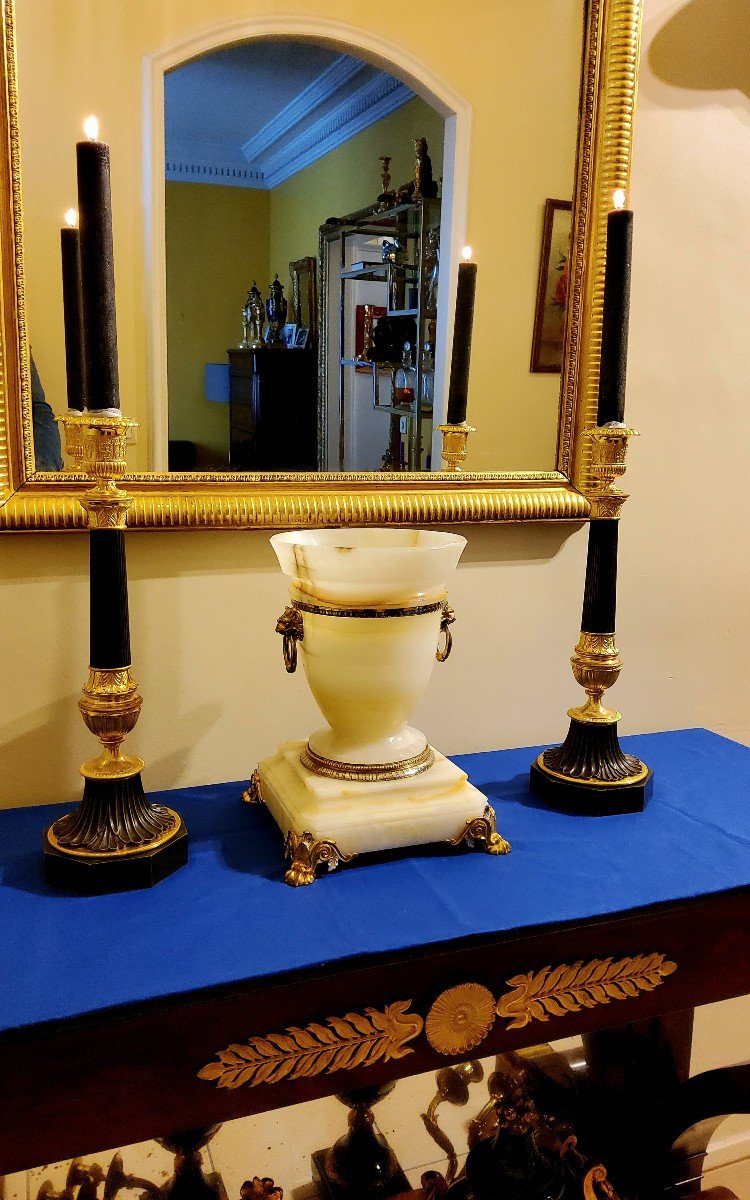 Pair Of Antique Column Candlesticks In Bronze With Double Patina, 19th Century -photo-8