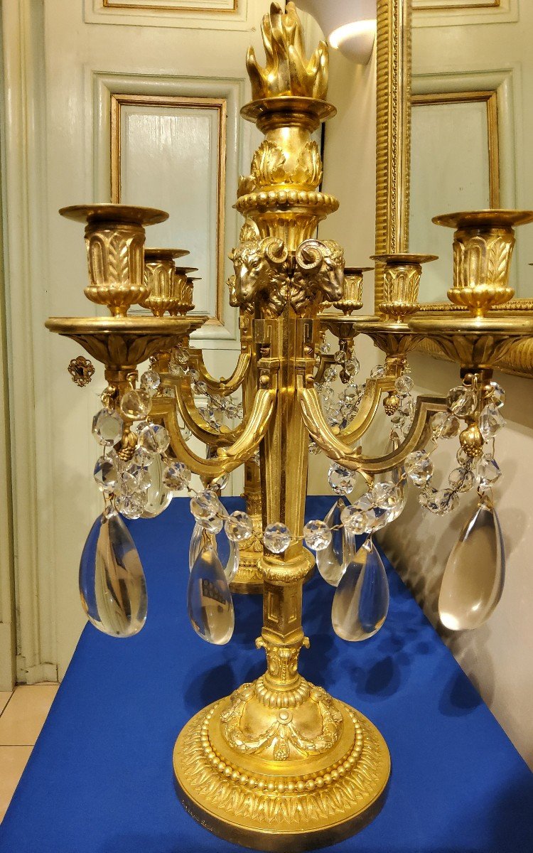 Pair Of Candelabra "à La Grecque" Gilded Bronzes And Crystals Signed Eugéne Hazart Paris 19th Century-photo-2