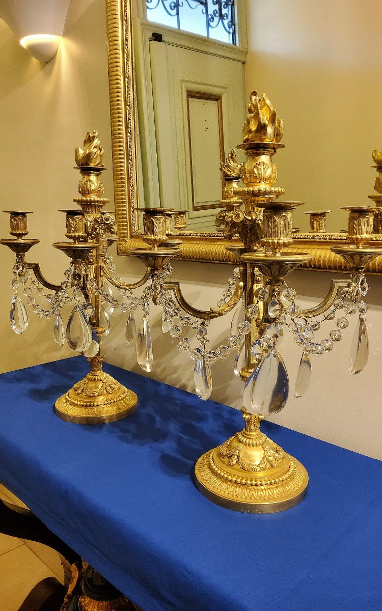 Pair Of Candelabra "à La Grecque" Gilded Bronzes And Crystals Signed Eugéne Hazart Paris 19th Century-photo-3