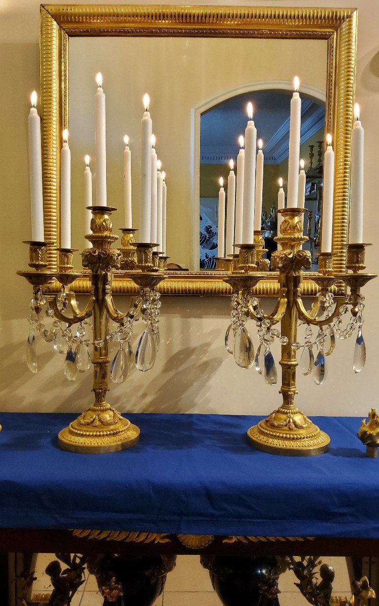 Pair Of Candelabra "à La Grecque" Gilded Bronzes And Crystals Signed Eugéne Hazart Paris 19th Century-photo-4