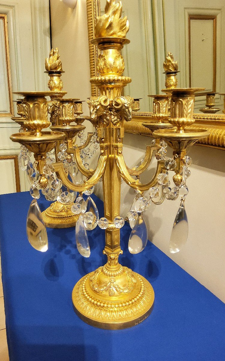 Pair Of Candelabra "à La Grecque" Gilded Bronzes And Crystals Signed Eugéne Hazart Paris 19th Century-photo-6