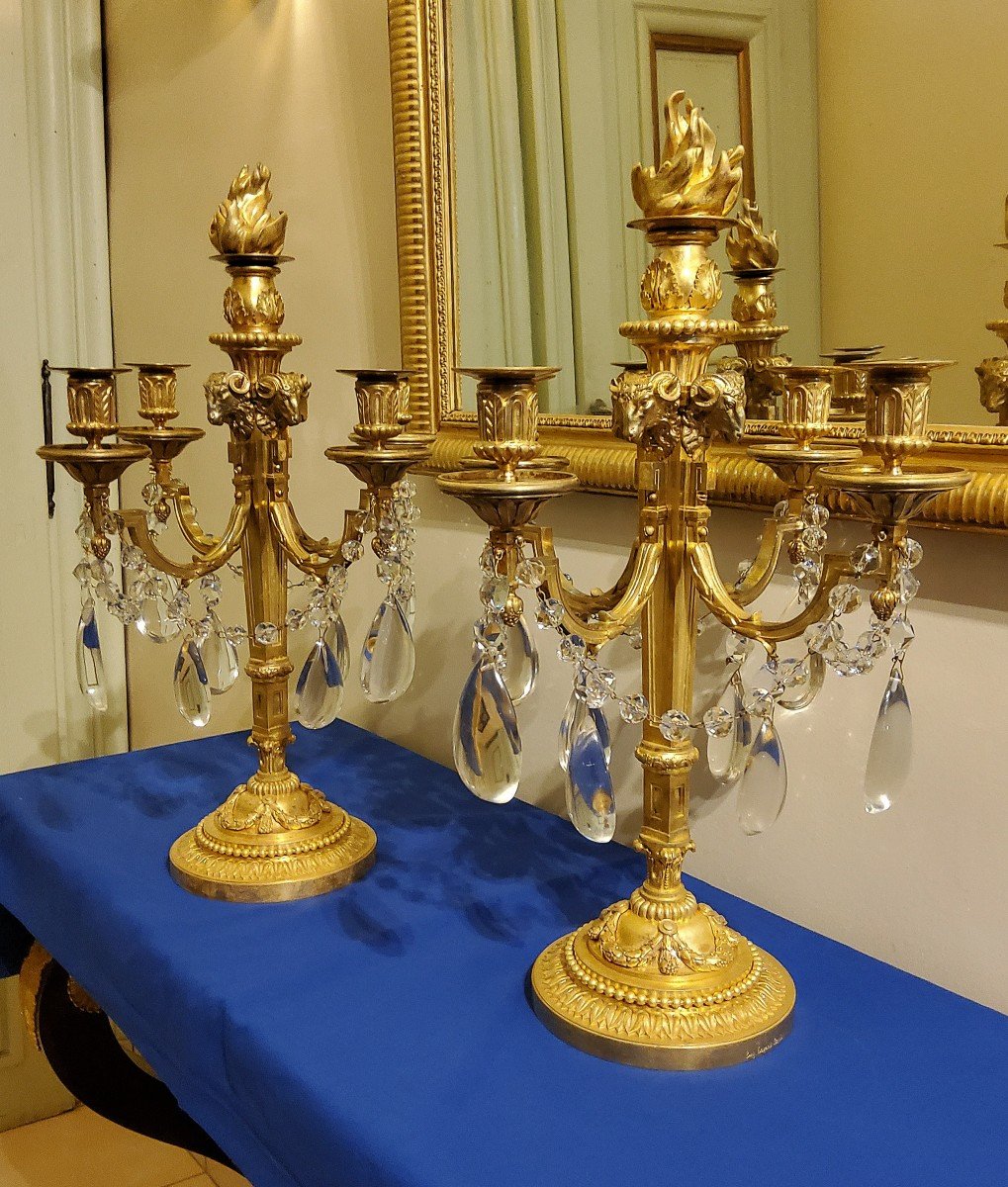 Pair Of Candelabra "à La Grecque" Gilded Bronzes And Crystals Signed Eugéne Hazart Paris 19th Century