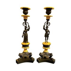 Pair Of Candlesticks In Bronze With Double Patina Charles X 