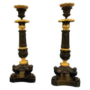 Pair Of Candlesticks In Gilt And Patinated Bronzes Tripod Base Claws Period Early XIXth