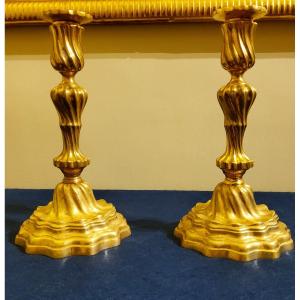 Pair Of Twisted Candlesticks In Gilded Bronzes From The Louis XV Period "to The King" 18th Century.