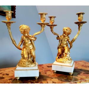 Pair Of Candelabra In Gilt Bronzes Young Bacchus And Bacchante After Clodion Louis XVI Style