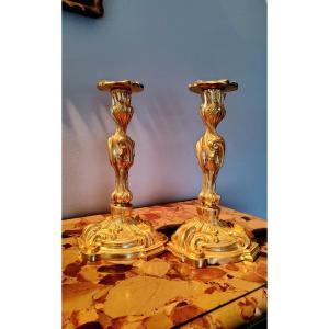 Pair Of Candlesticks In Gilded Bronzes Louis XV Style 19th Century After Meissonnier