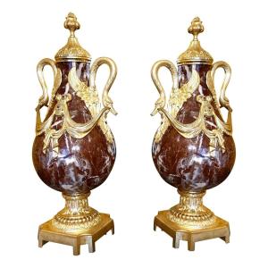 Pair Of Vases In Red Marble And Gilt Bronzes With Swans Louis XVI Style Late 19th Century
