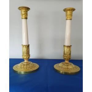 Pair Of Candlesticks In Gilt Bronzes And White Carrara Marble Late 19th Century Empire Style