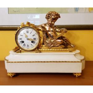 "putto In Study" Clock In Gilded Bronze And Carrara Marble Signed H. Picard 19th Century 