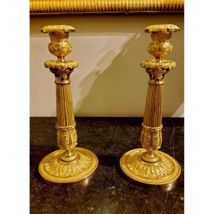 Pair Of Candlesticks In Chiseled And Gilded Bronzes, 19th Century, Circa 1820