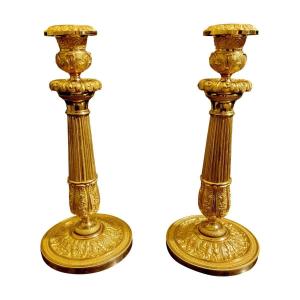 Pair Of Candlesticks In Chiseled And Gilded Bronzes, 19th Century, Circa 1820