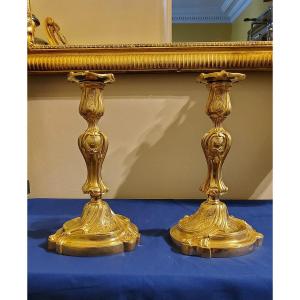 Pair Of Gilded Chiseled Bronze Candlesticks Rocaille Louis XV 19th Century