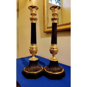 Pair Of Antique Column Candlesticks In Bronze With Double Patina, 19th Century 