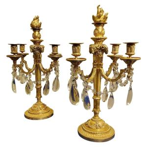 Pair Of Candelabra "à La Grecque" Gilded Bronzes And Crystals Signed Eugéne Hazart Paris 19th Century