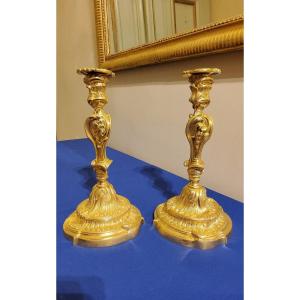 Pair Of Gilded Chiseled Bronze Rocaille Candlesticks After Meissonnier 19th Century 