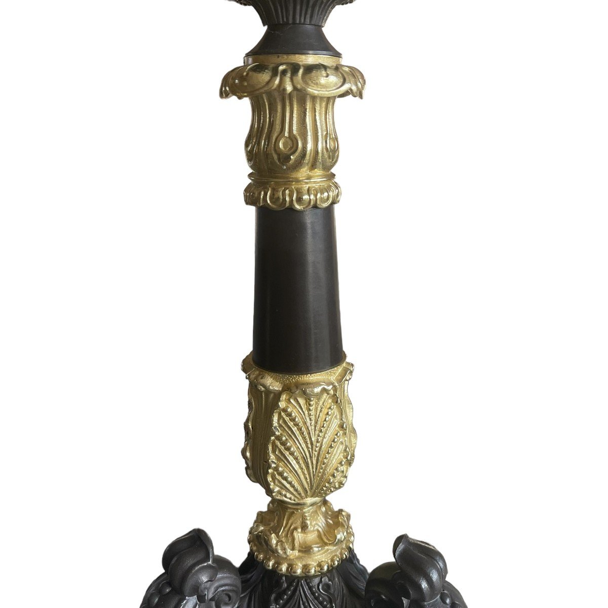  Pair Of Restoration Period Candlesticks With Brown And Gilded Patina.-photo-3