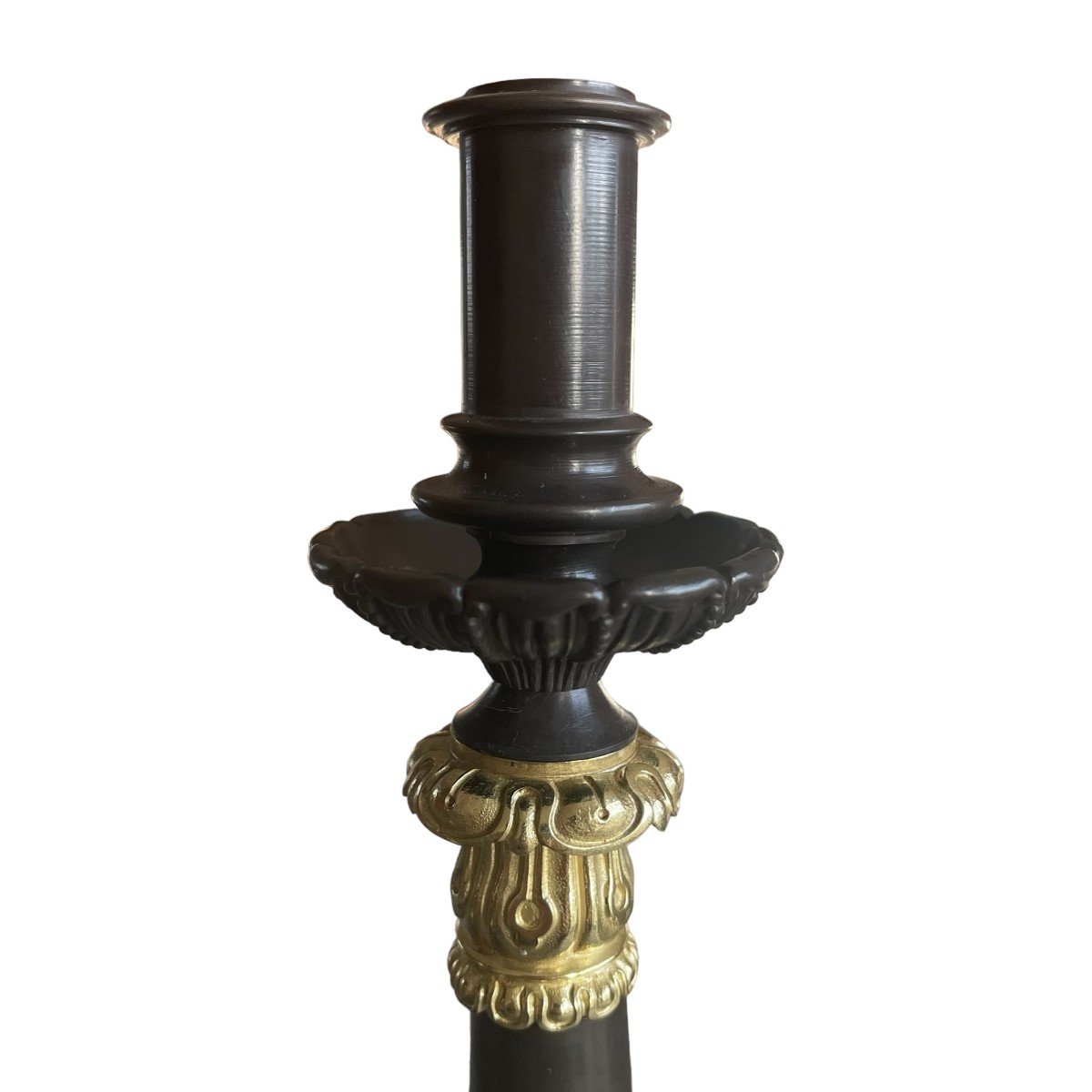  Pair Of Restoration Period Candlesticks With Brown And Gilded Patina.-photo-4