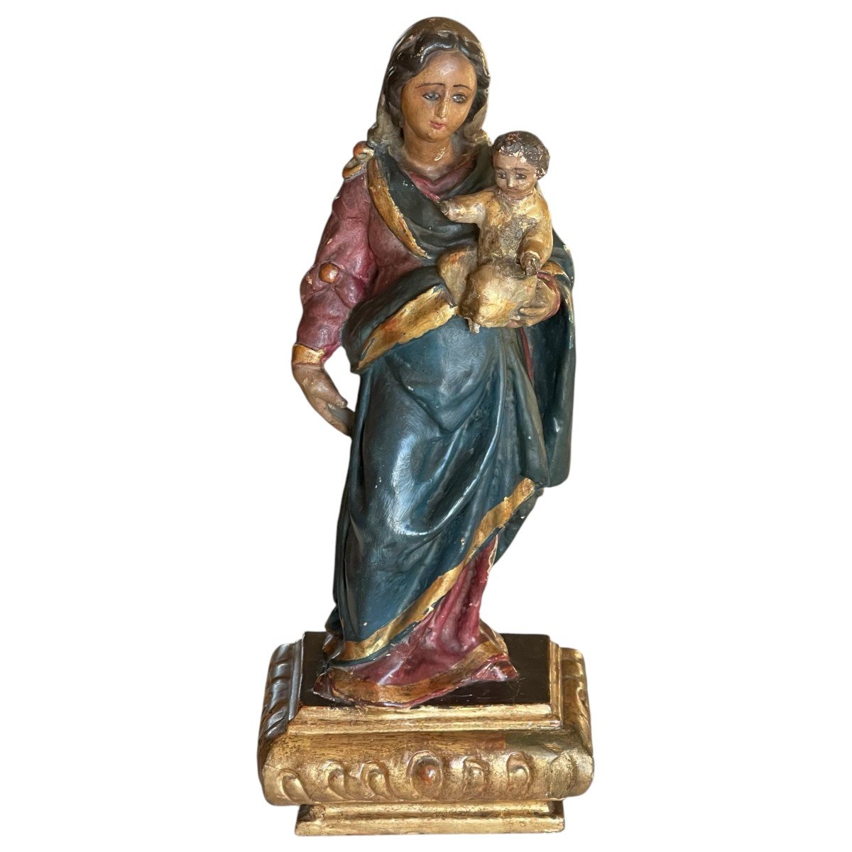 Vierge à l'Enfant En Bois Polychrome et dorure  XVIIIème