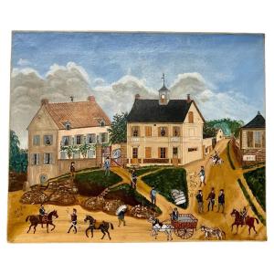 19th Century Naive Painting - Animated Village Scene